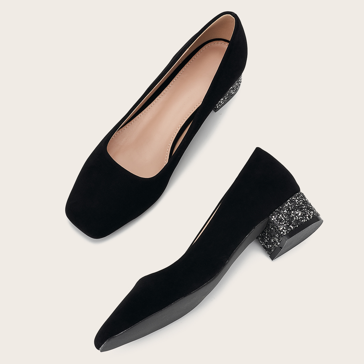 Factory price square toe dress shoes dark red velvet mid heel pumps Glitter heel Fashion Black Velvet Pump