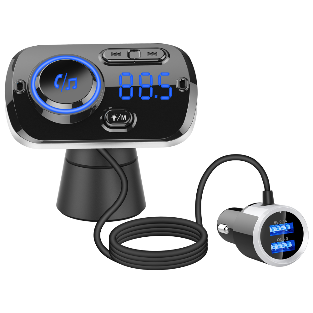 QC3.0 автомобильное зарядное устройство с двумя USB-портами, BT, FM-передатчик, цветной светодиодный дисплей, атмосферные лампы для мобильного телефона