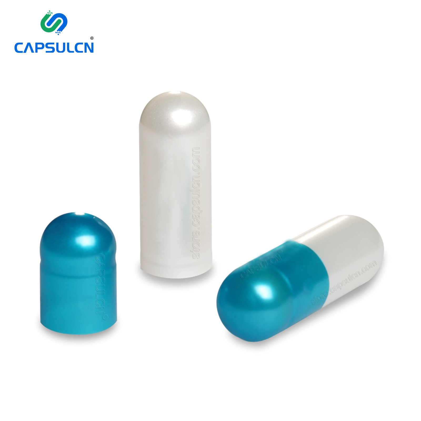 CapsulCN Pearly Light Blue And White Separated Bulk Hard Empty Gelatin Capsules Custom Printed Size 1# Empty Gel Capsule Open