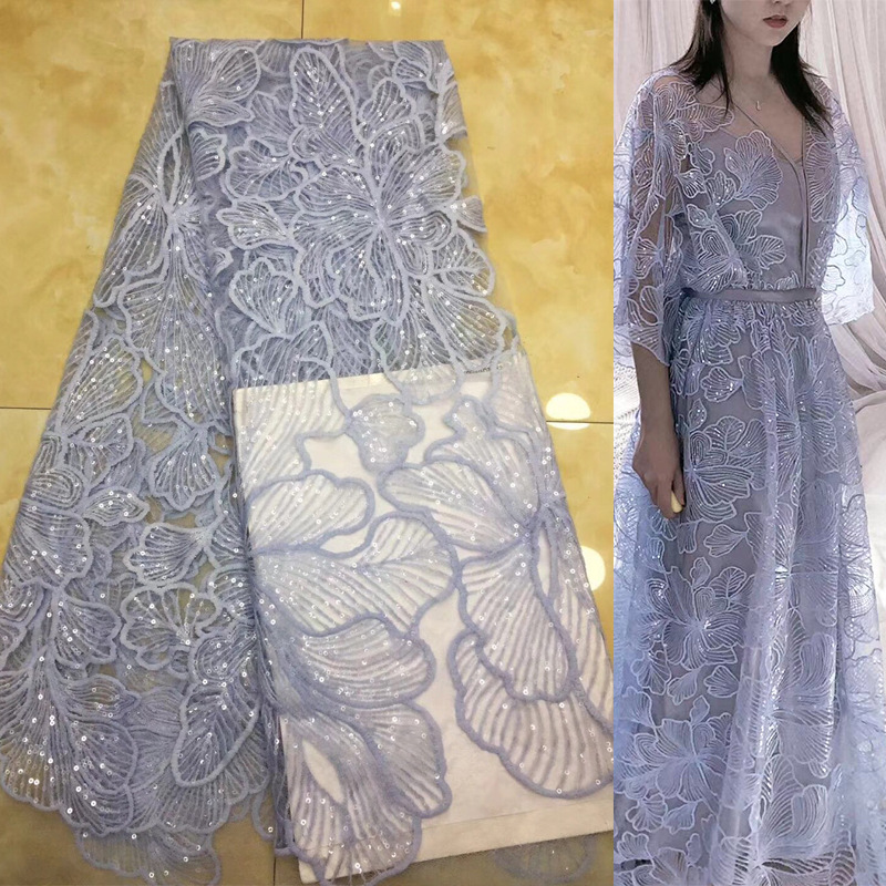 Width 128 cm Polyester Embroidered sequins fabric milk silk african lace metallic Fabric for wedding party dress