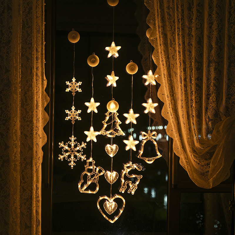 Christmas 2024 LED Suction Cup Lights Golden Christmas Window Party Home Decoration Pendants Elk Snowman Crafts Christmas Lights
