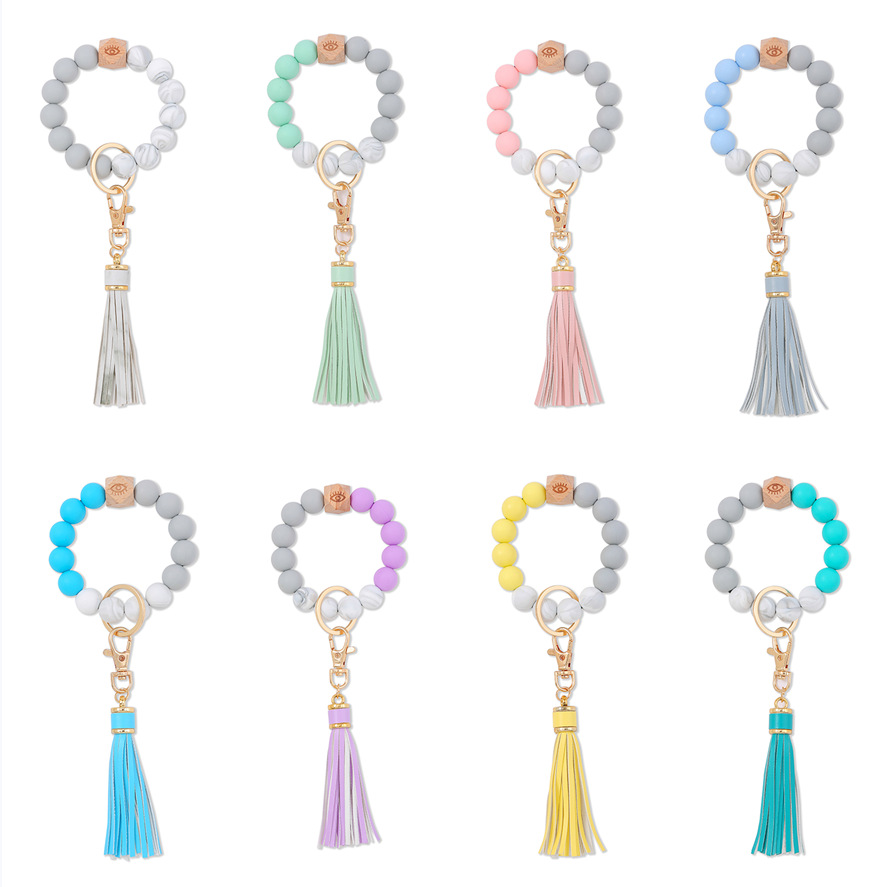 Wood bead Wristlet food grade Key Ring Keyrings Holder Silicone evil Bead eye Tassel Bracelet Bangle Keychain for women girls