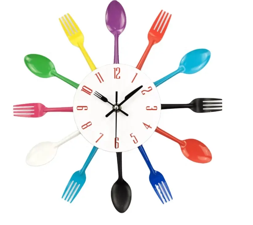 Cutlery Design Wall Clock Metal Colorful Knife Fork Spoon Kitchen Clocks Creative Modern Home Decor Antique Style Wall Watch