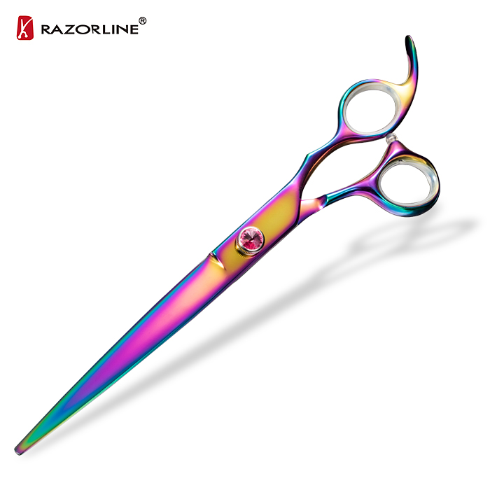 Zhangjiagang razorline охотно NPK15R 8 дюймов прямые человеческие волосы лезвие 9cr сталь Радуга Титановым Покрытием ПЭТ ножницы для собак