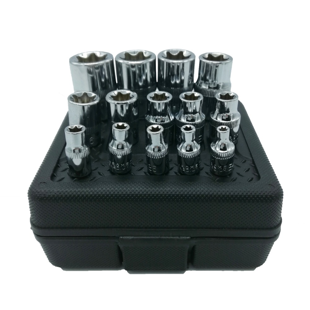 Milda New 14pcs/set E Torx Star Female Bit Socket Set 1/2" 3/8" 1/4" Drive E4 - E24 repair tool hand tool set high quanlity