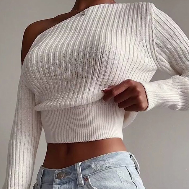Crop Top Women Inclined One Cold Shoulder Long Sleeve Knitted Pullover Tops for Ladies 2021 Fall Winter Fashion Casual Sweater
