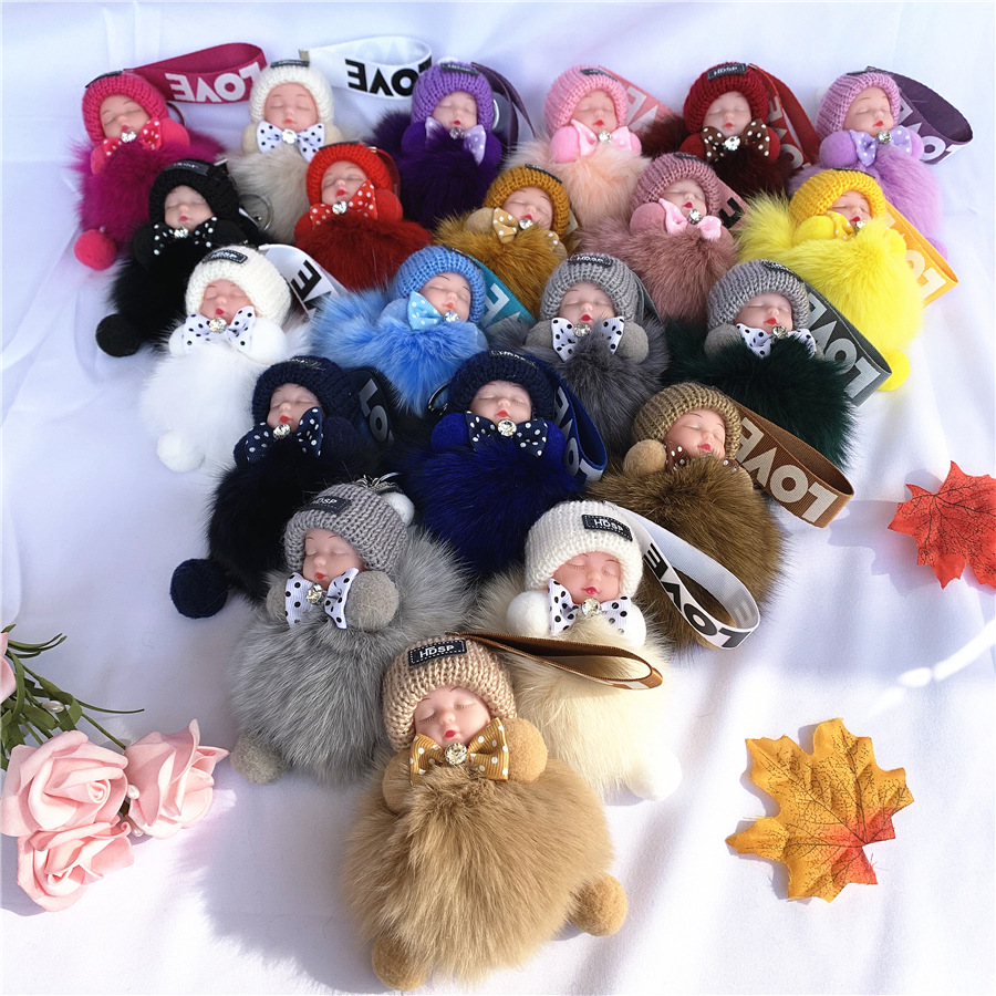 Custom Plush Pompom Ball Keychains Sleeping Baby Doll Key Chain