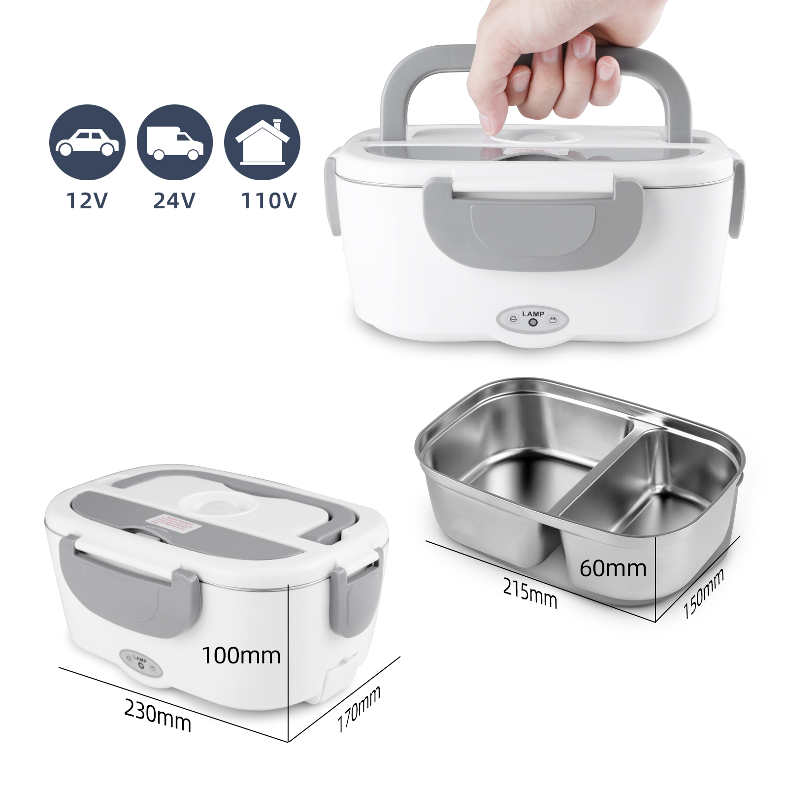 Электрический Ланч-бокс 304, коробка Tiffin из нержавеющей стали, Ланч-бокс 60 Вт, Ланч-бокс 3 в 1 для автомобиля/грузовика, портативный пищевой нагреватель