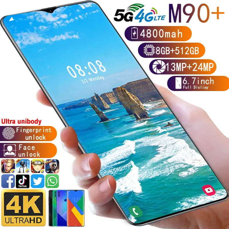 New 4G Android SmartPhone 6.7Inch Global Delivery HD Droplet Screen 8GB+512GB unlocked Mobile Phones M90+ Smartphone