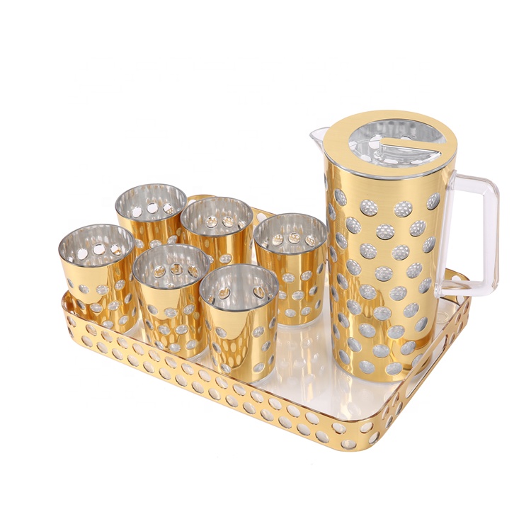 Hot Sale Fashion Circle Gold Color Plastic Water Jug Household PS Plastic Water Jug With Cup And Tray