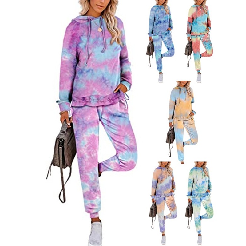 2021 Fall Winter Clothing Custom Logo Tie Dye Wholesale polyester Unisex Pullover Jumper Hoodie Set for women