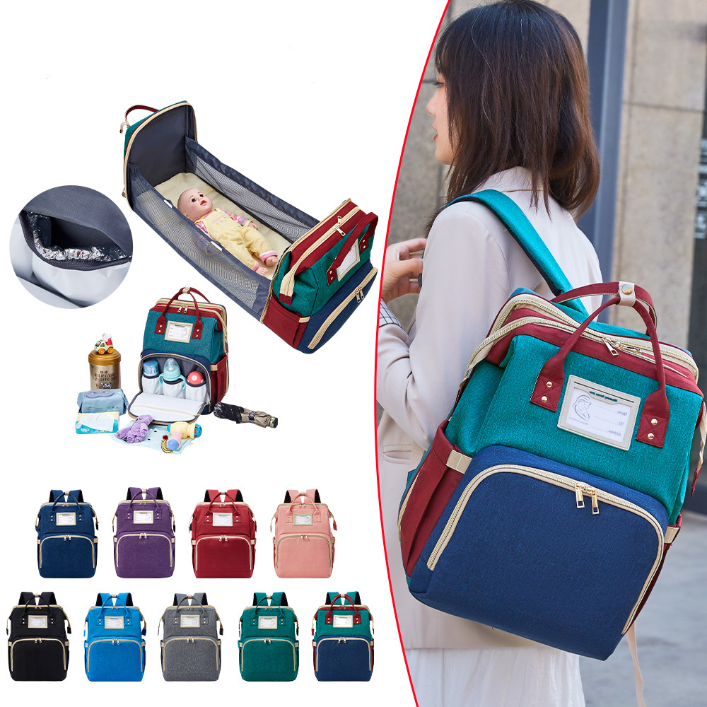 Custom LOGO Stroller Baby Diaper Bag Bed 2021 New Design Fashion Trending Mommy Backpack Waterproof USB Charging Backpacks