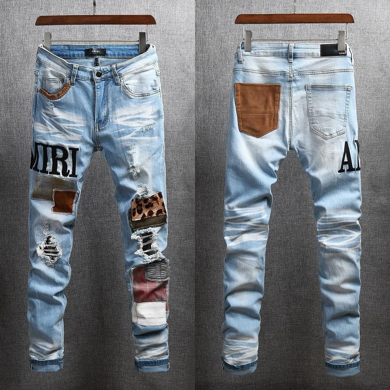 Z25 Hot Selling Denim Jeans Leopard Patch High Street Slim Plus Size Pants Men's Amirys Jeans
