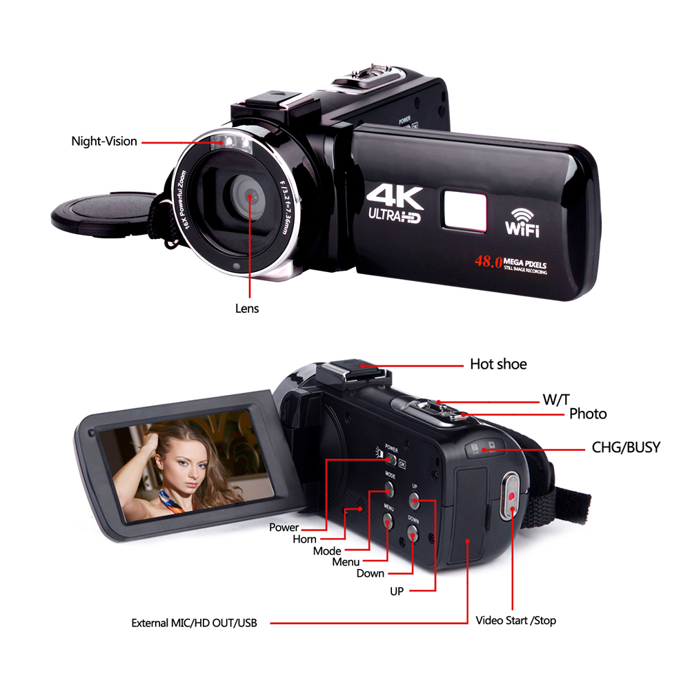Новый выпуск Amazon, реальная 4K видеокамера, видеокамера, 48,0 МП, видеорегистратор, веб-камера для потокового видео YouTube, реальная видеокамера 4K