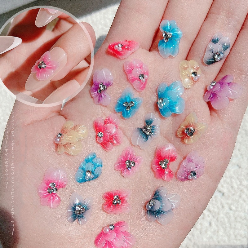 Qianya New Arrive 3D Acrylic Flowers Nail Art Decorations Gradient Flower Finished with Pearl Crystal Petal Drills Nail Ornament