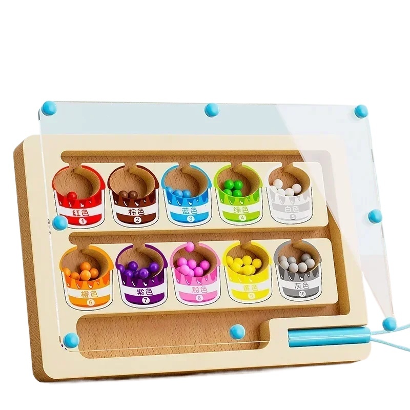 Montessori Magnetic Color Sorting Games Maze Board Pen Moving Bead Games Wooden Control Sensory Play Educational Toys for Kids
