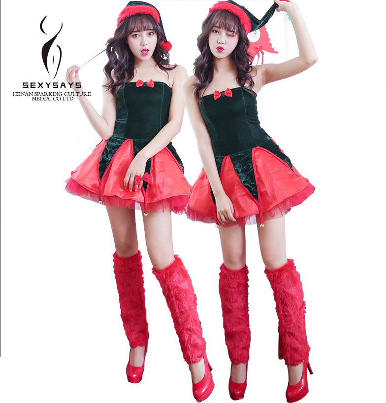 New design wholesale Christmas elves sexy costume adult female babydoll style cosplay lingerie green party strapless veil dress