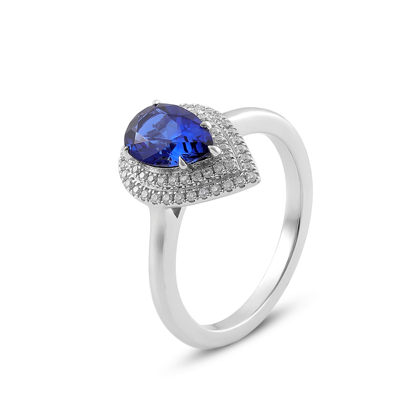 Double halo Pear-shaped Royal Blue Sapphire ring Blue Sapphire and Diamonds Ring Statement Ring in 14k solid gold