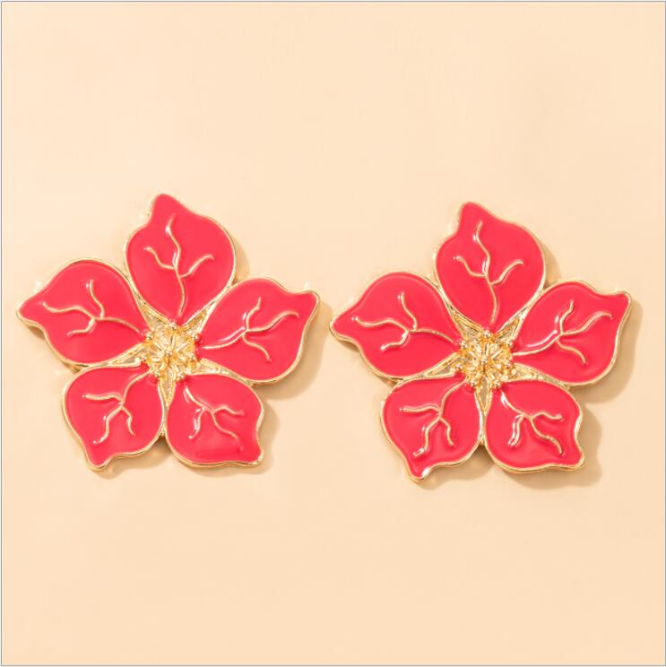 Vintage Peony Flower Stud Earring for Women Red Geometric Dripping Oil Metal Female Wedding Jewelry Accessories