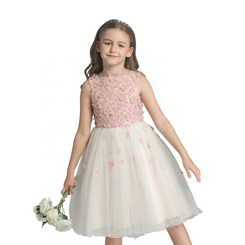Simple Flower Girl Dresses Cheap Pink And White With 3D Floral Party Dress Girl Babies Wedding Dress
