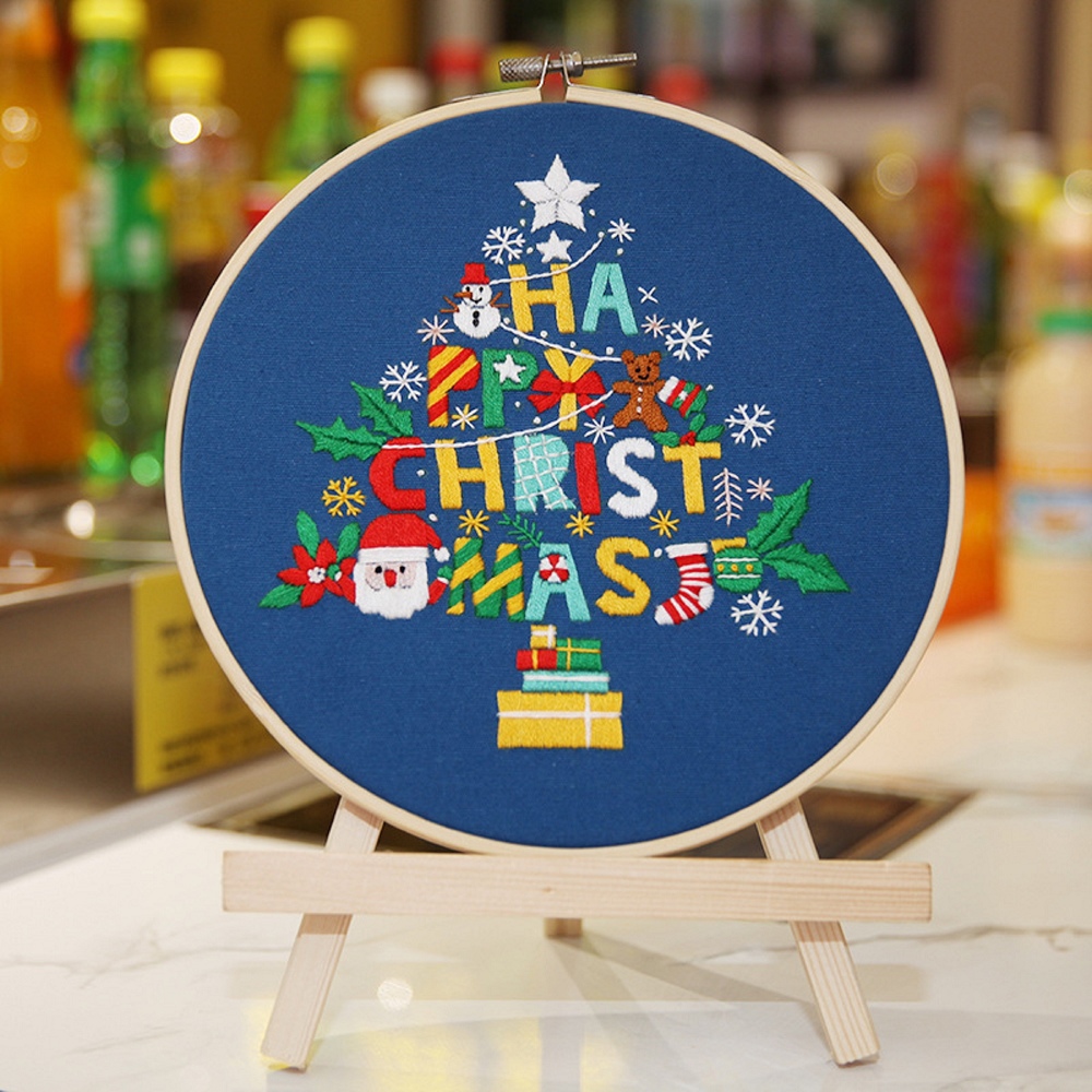 Christmas Embroidery Kit, Bamboo Hoop, Color Threads Tools, English Instruction for Beginners