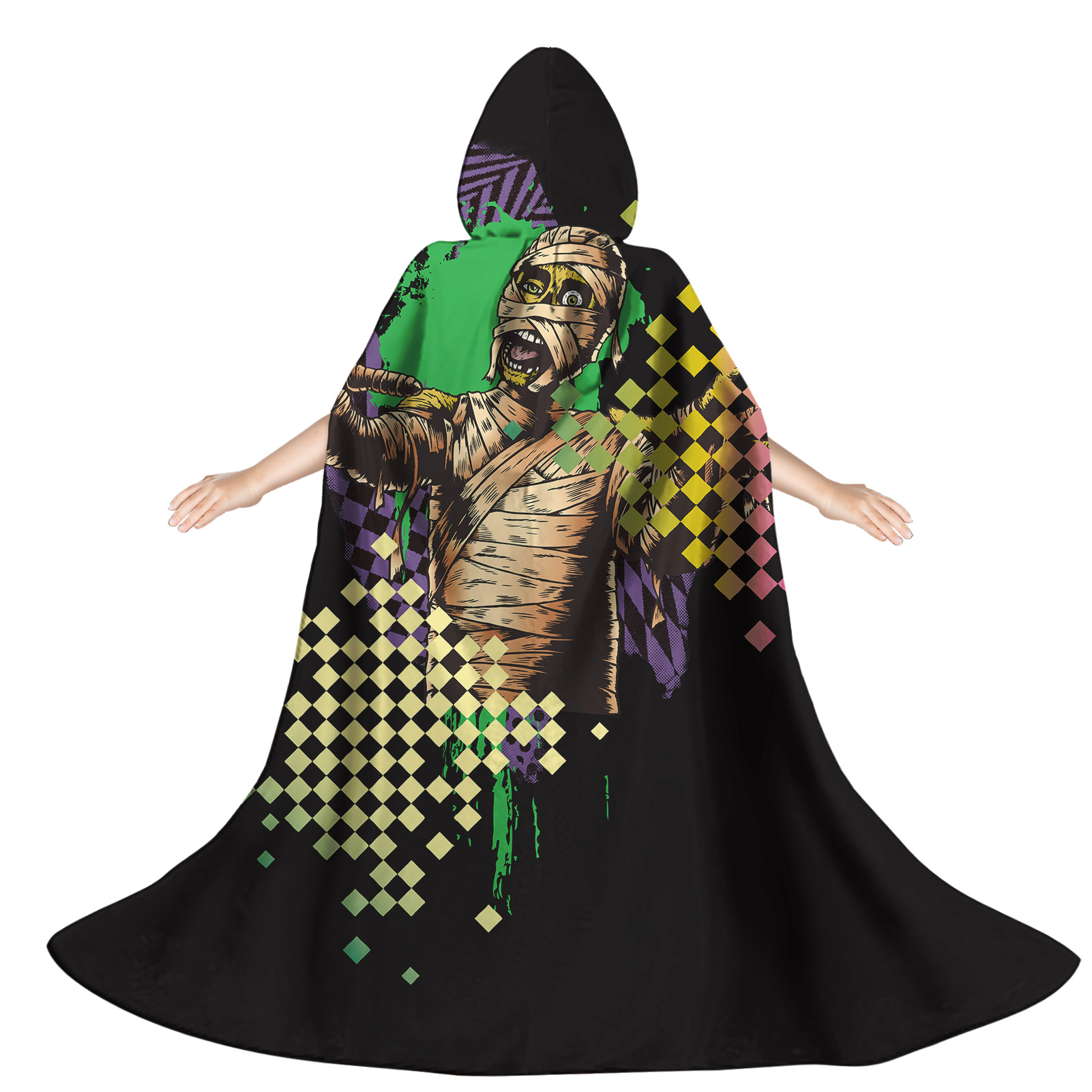 DROPSHIP Mummy Printed Wizard Halloween Cape Cloak With Hood Premium Durable Polyester Costume Cosplay Halloween party supplies