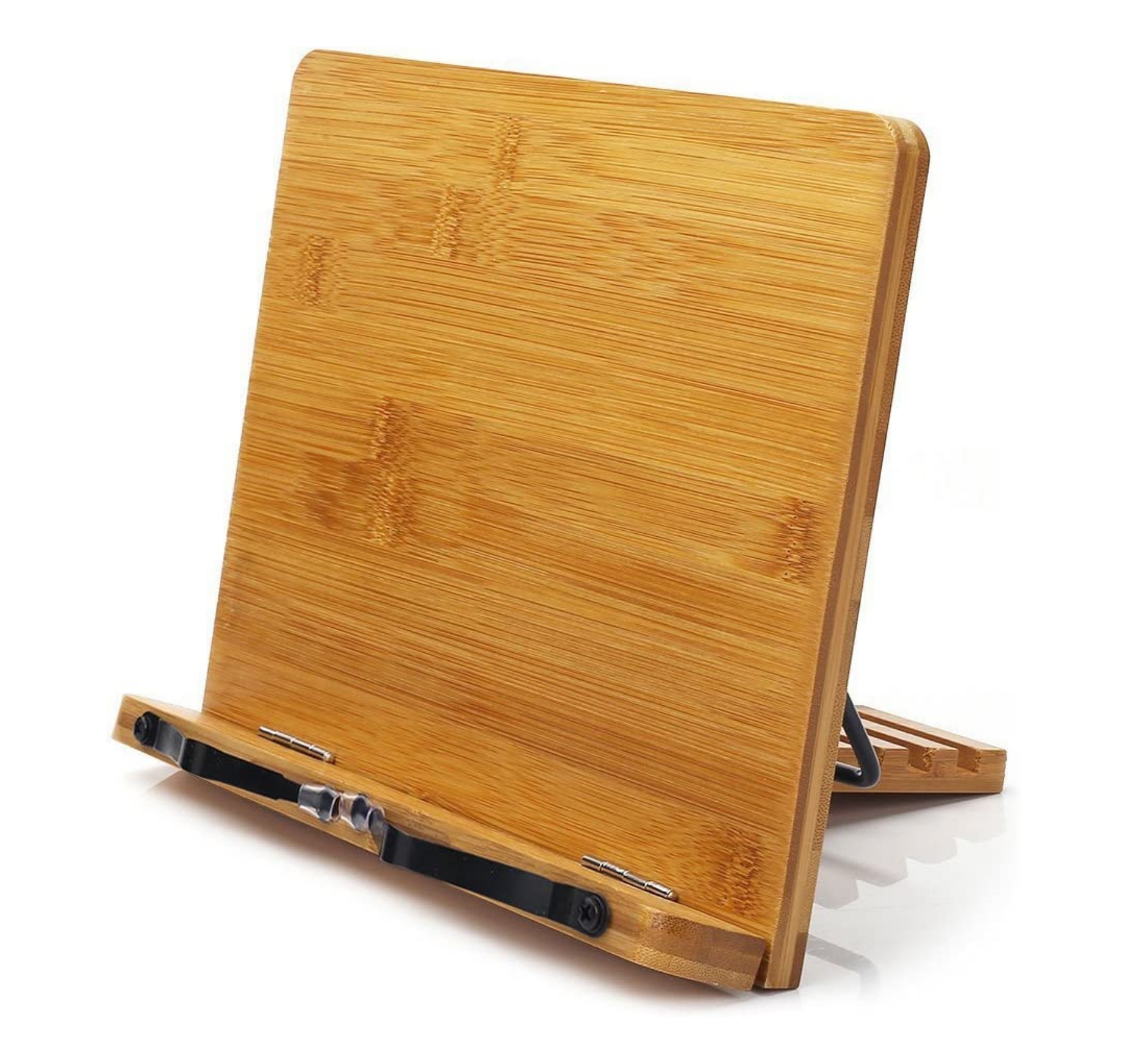 Bamboo Book Stand Adjustable Handle Book Holder Tray with Page Paper Clips Cookbook Shelf Portable