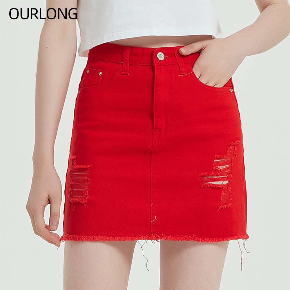 OURLONG red ripped distressed frayed denim hot mini jean women's skirts summer