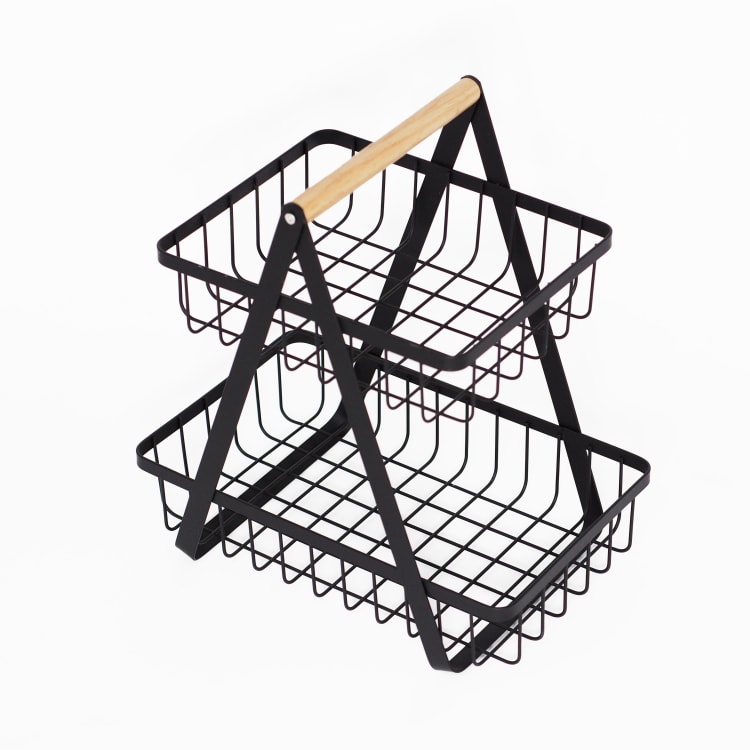 Double Wire Trays Kitchen Bathroom Storage Stand Basket Countertop 2 Tier Fruit Basket with Handles
