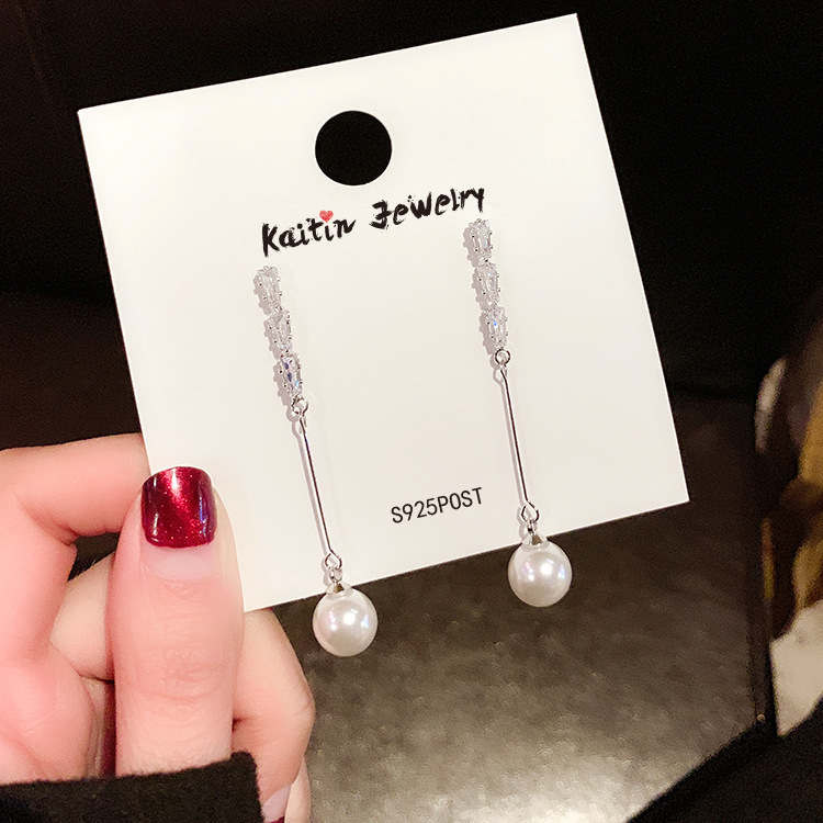 Jewelry 925 silver needle pearl long earrings female temperament celebrity Zircon Earrings simple lady