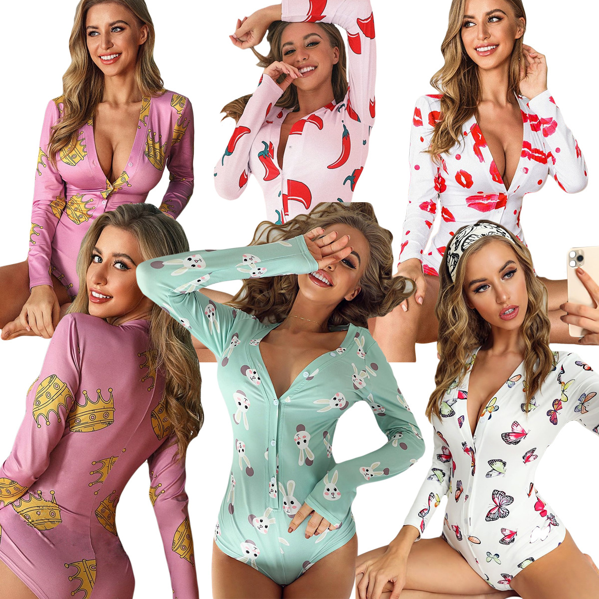 2020 Womens Sleepwear Pyjamas Full Long Sleeve Button V Neck Home Wear Sexy Pajamas Onesie For Women