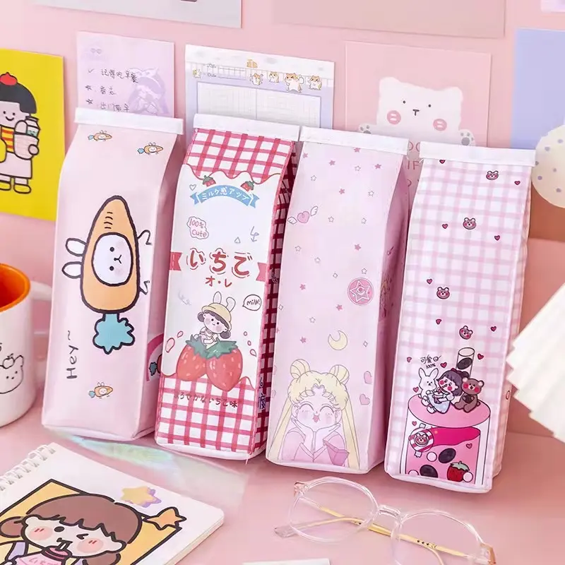 Cute kawaii pink leather pen pouch creative milk carton pencil case for girls