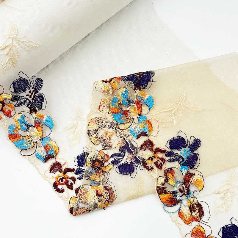 Wholesale Soft Skin Color Mesh & Multicolor Thread Embroidered Lace Accessories for Garments Home Textiles Curtains Intimates