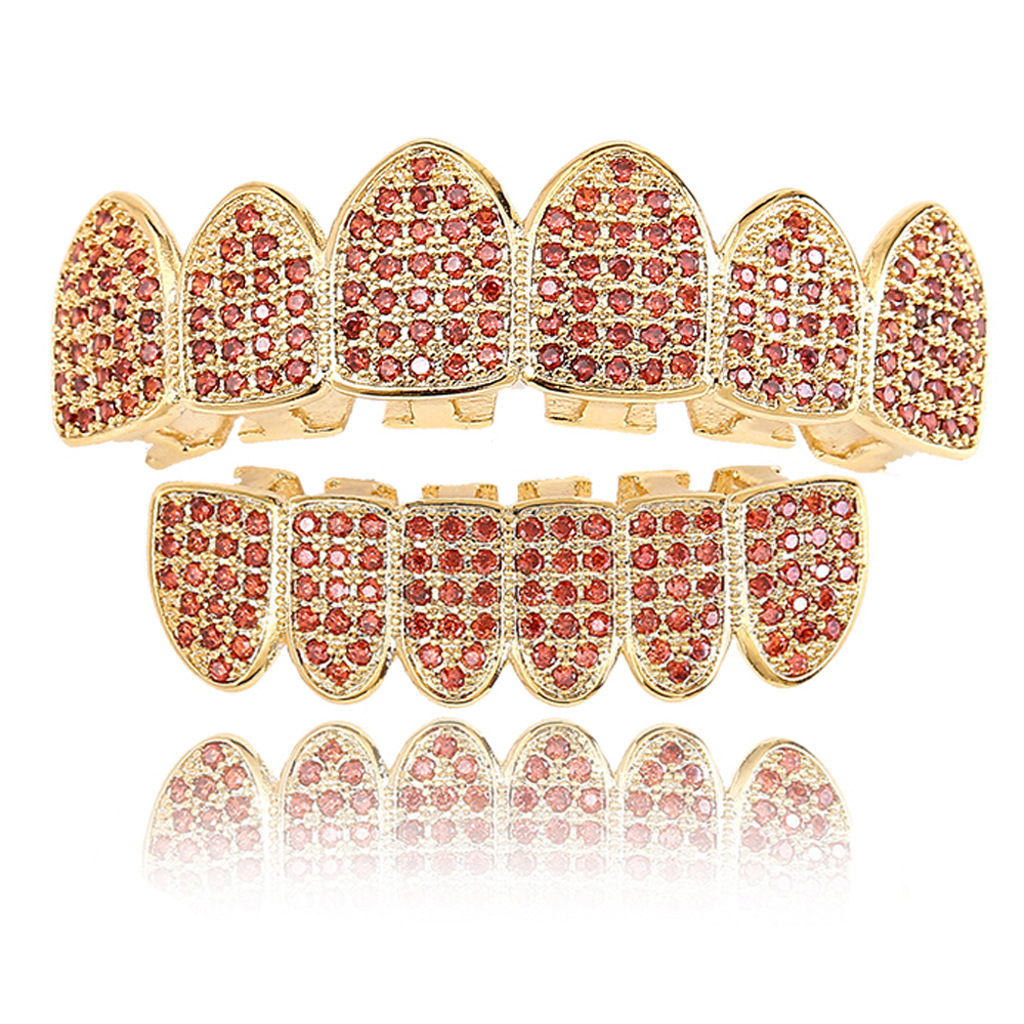 Hot Sale Hip Hop Gold Teeth Grillz Real Gold Plating Micro-inlaid Cubic Zirconia Grillz Vampire Teeth Trends Decorative Braces