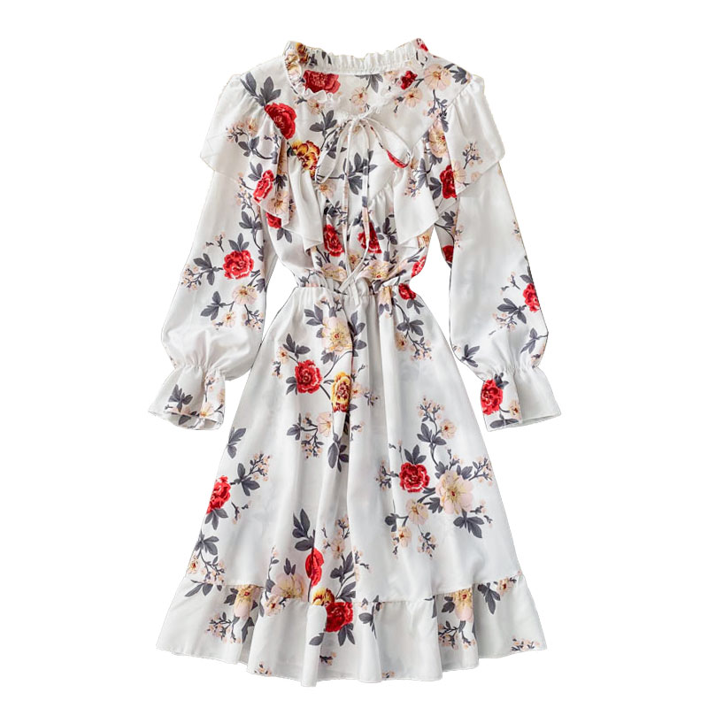 French retro dress round neck trumpet sleeve fungus slim slimming fashion age-reducing floral skirt