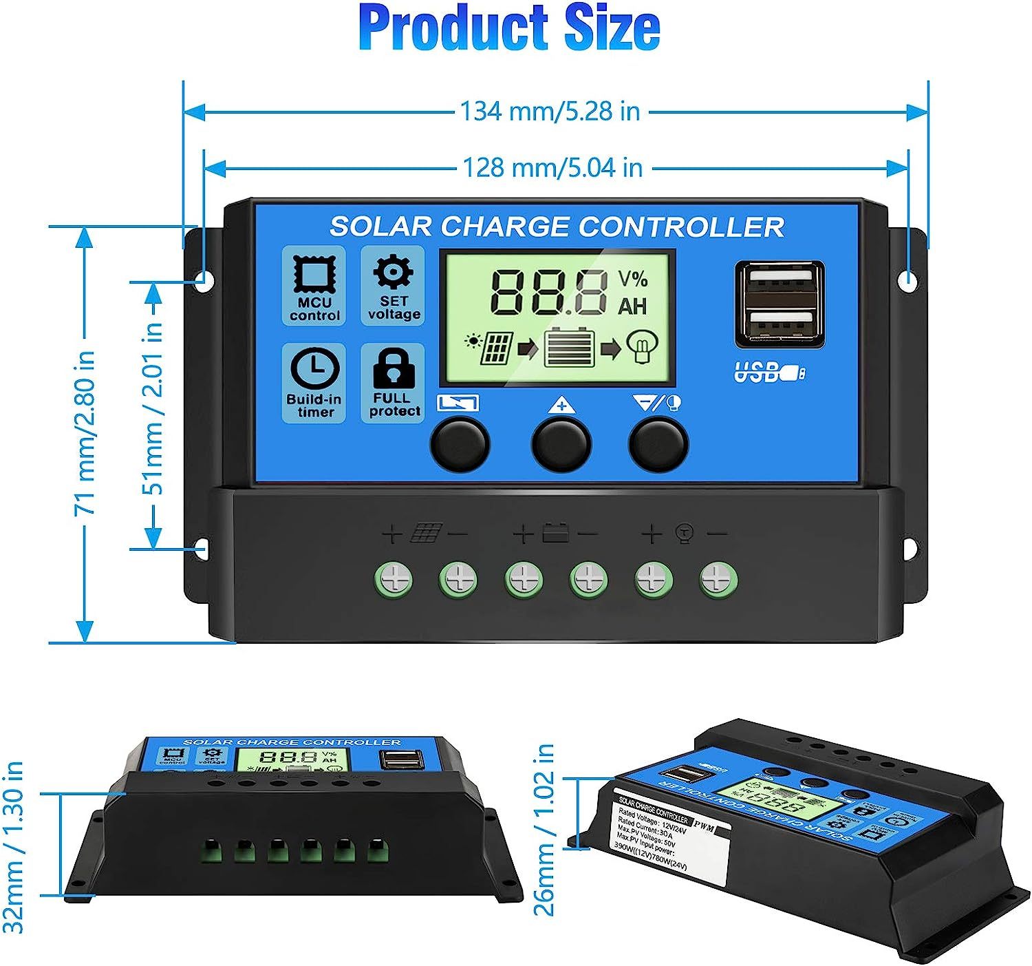 [Upgraded] 30A Solar Charge Controller, 12V/ 24V with Adjustable LCD Display Dual USB Port Timer Setting PWM Auto Parameter