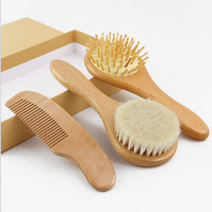 Eco-friendly Natual Wool Hair wooden baby hair brush and comb set Baby Hair Brush