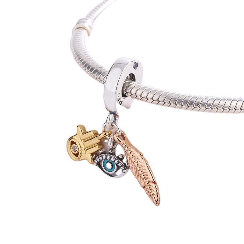 925 sterling silver all-seeing eye feather dangle charm with enamel cubic zirconia fit bracelet necklace women jewelry