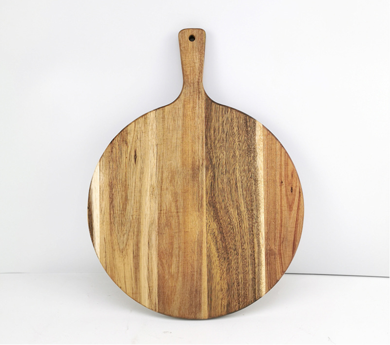 Eco-friendly wooden cutting board with serving handles for cheese pizza kitchen vegetables and meat