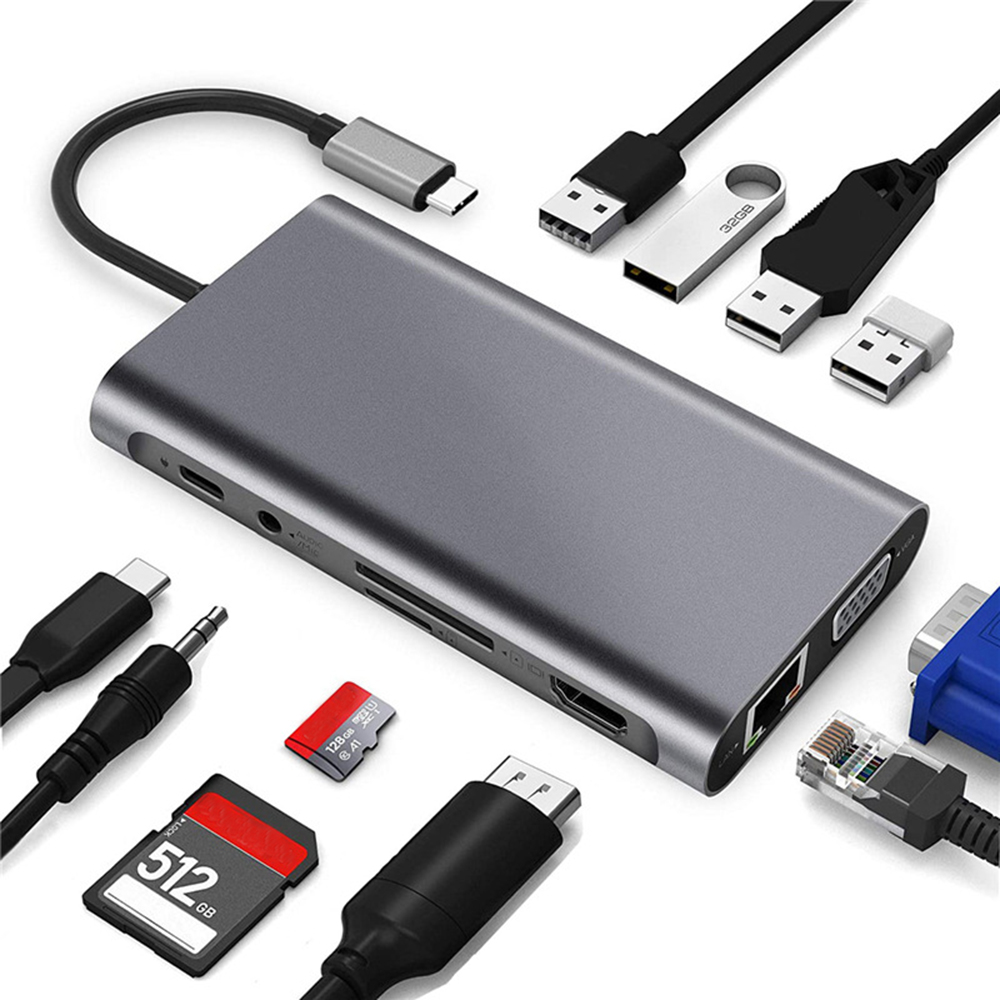 Многопортовый адаптер 11 в 1 Тип C RJ45 100M LAN Карта 4K USB C к VGA SD/TF кардридер Type c к hd 4 USB порта