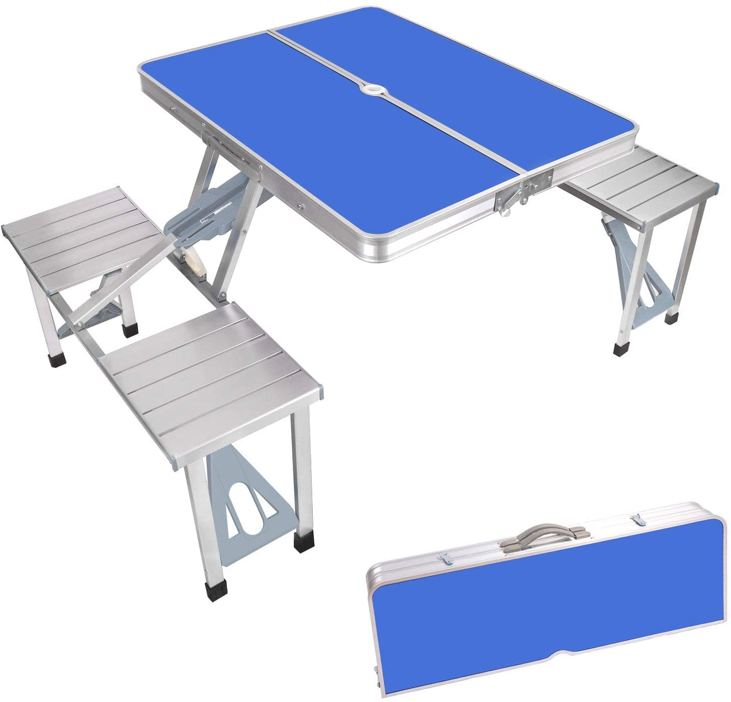 Portable Folding Camping Picnic Table with Seats Chairs and Umbrella Hole  Lightweight Compact Aluminum Camping Suitcase Table f