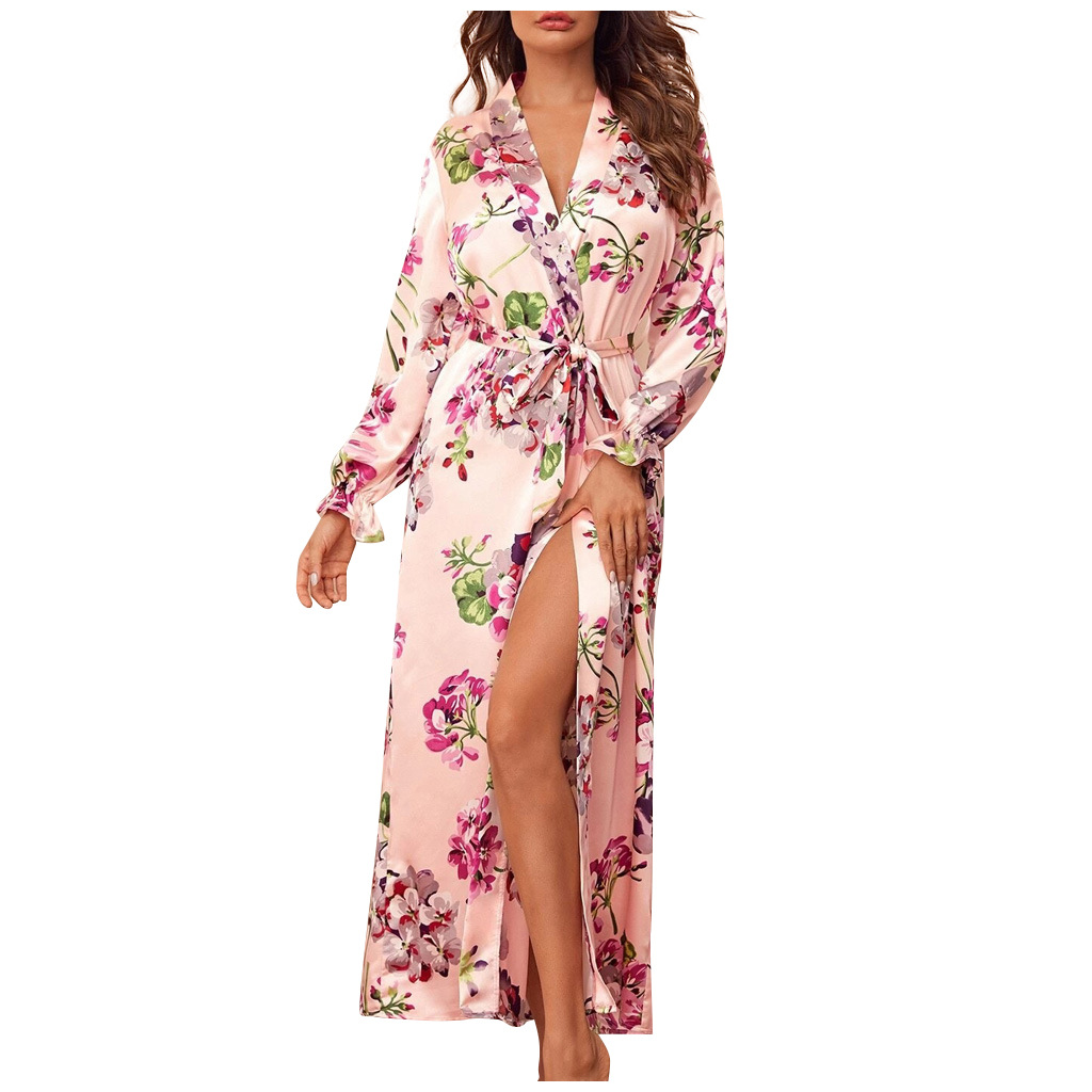 KKVVSS 236 women's long sleeve silk sexy plus size pajamas ladies negligee floral spring and summer robe