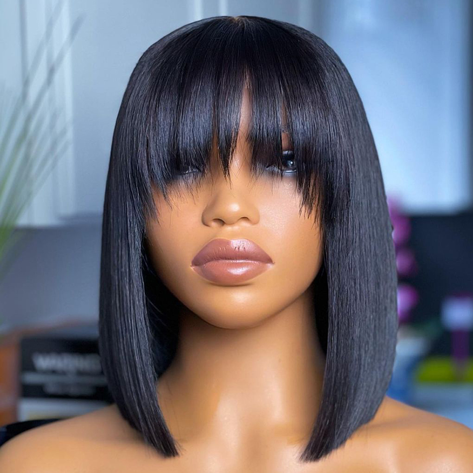Connie Hair Thin Bangs bob wigs , Glueless Brazilian Short Bob Wig With Bangs, Cheap Curly Human Hair Bang Wis For Black Women,