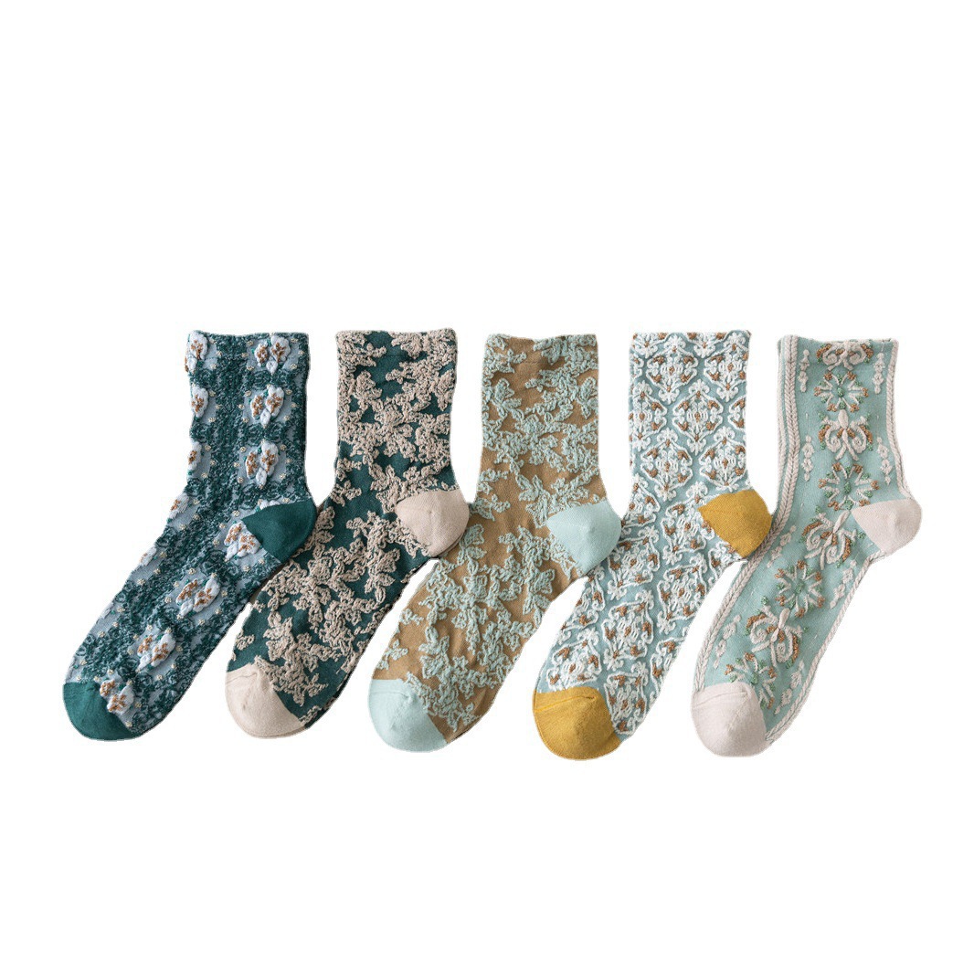 Wholesale Autumn New Fashion Green Color Flower Ladies Socks Breathable Cotton Fancy Lolita Women Tube Socks