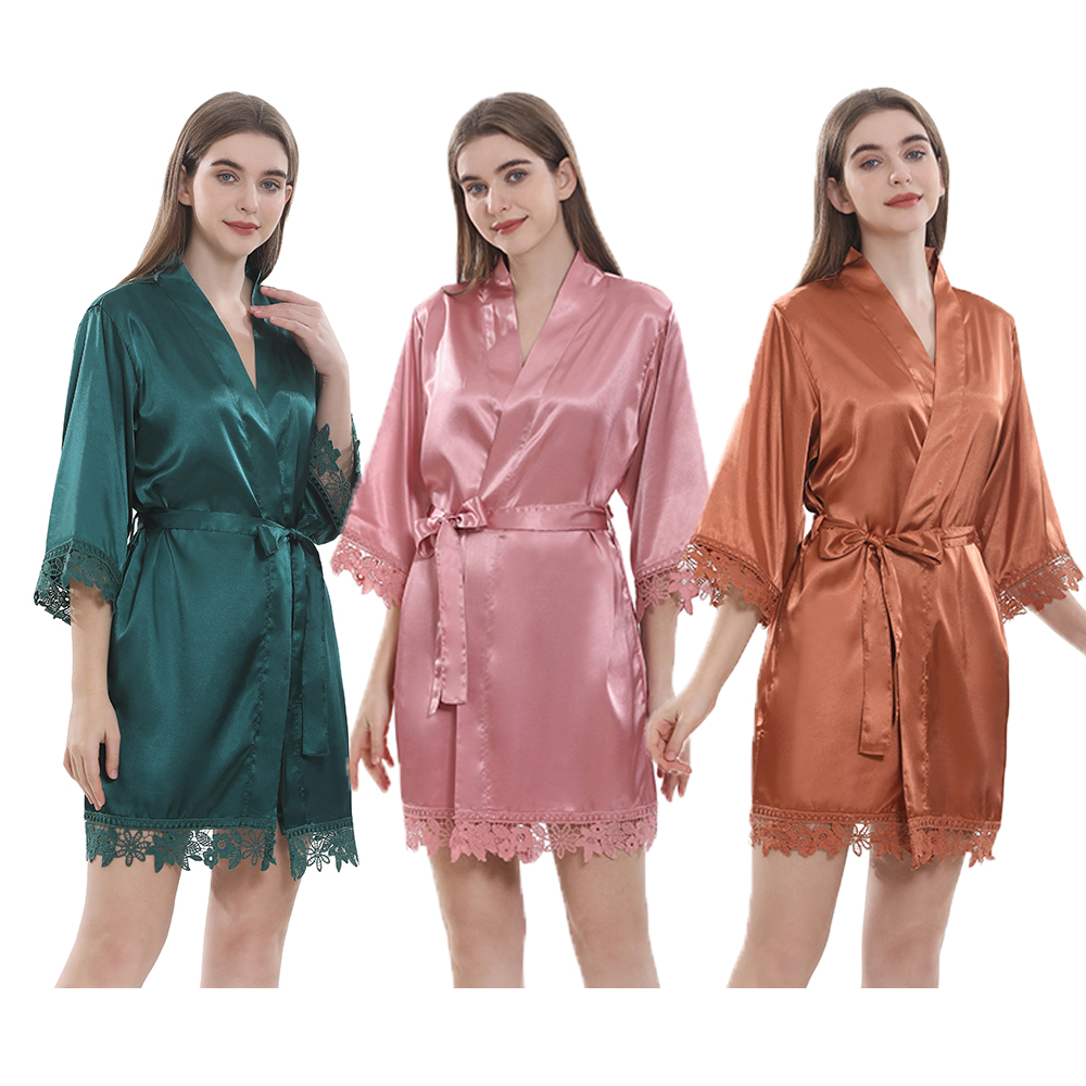 Factory Wholesales Bridesmaid High Quality Satin Lace Robes For Party Gift Satin Robe Lace Trim Kimono Dressing Gown