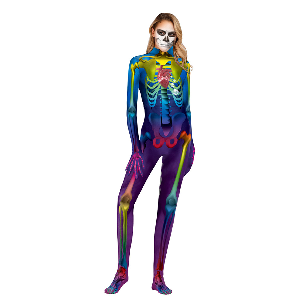 Halloween Women's Skeleton Jumpsuit 3D digital printed Colorful bodysuit Funny High Neck Long sleeve jumpsuit