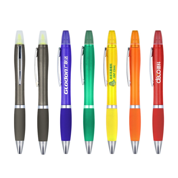 Wholesale Promotion Custom Logo Slogan Plastic Ballpoint Pen Highlighter 2 In 1 For Gift And Advertising