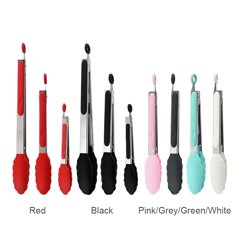 9 and 12 Inch Silicone Head Stainless Steel Bread and Salad Tongs Silicone Grips BBQ Locking Kitchen Food Serving Tong