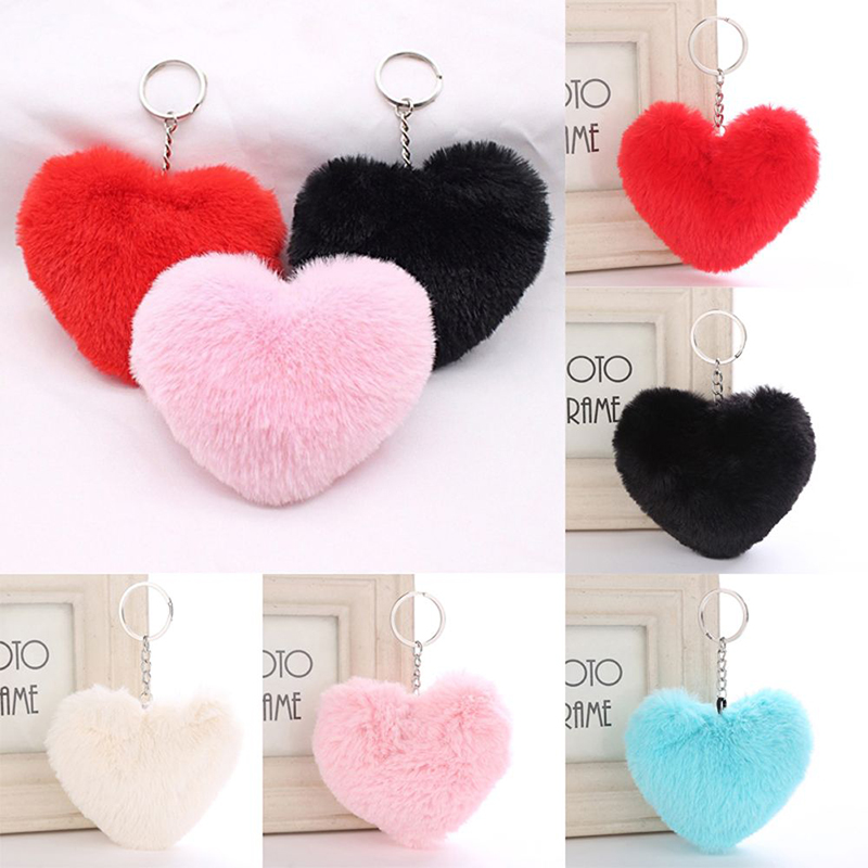 Heart Shape Pom Pom Keychain Cute Fluffy Faux Rabbit Fur Puff Ball
