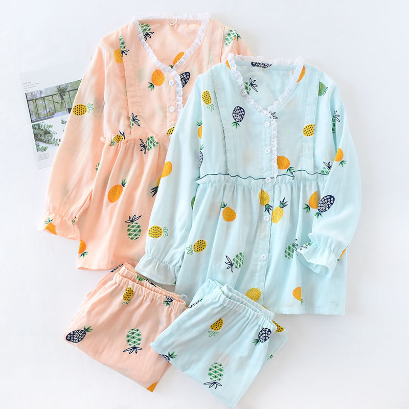 Pajamas Set V Neck Lactation Clothing Breastfeeding Suit New 100% Cotton Gauze Vertical Stripes Maternity Wear Long Sleeve